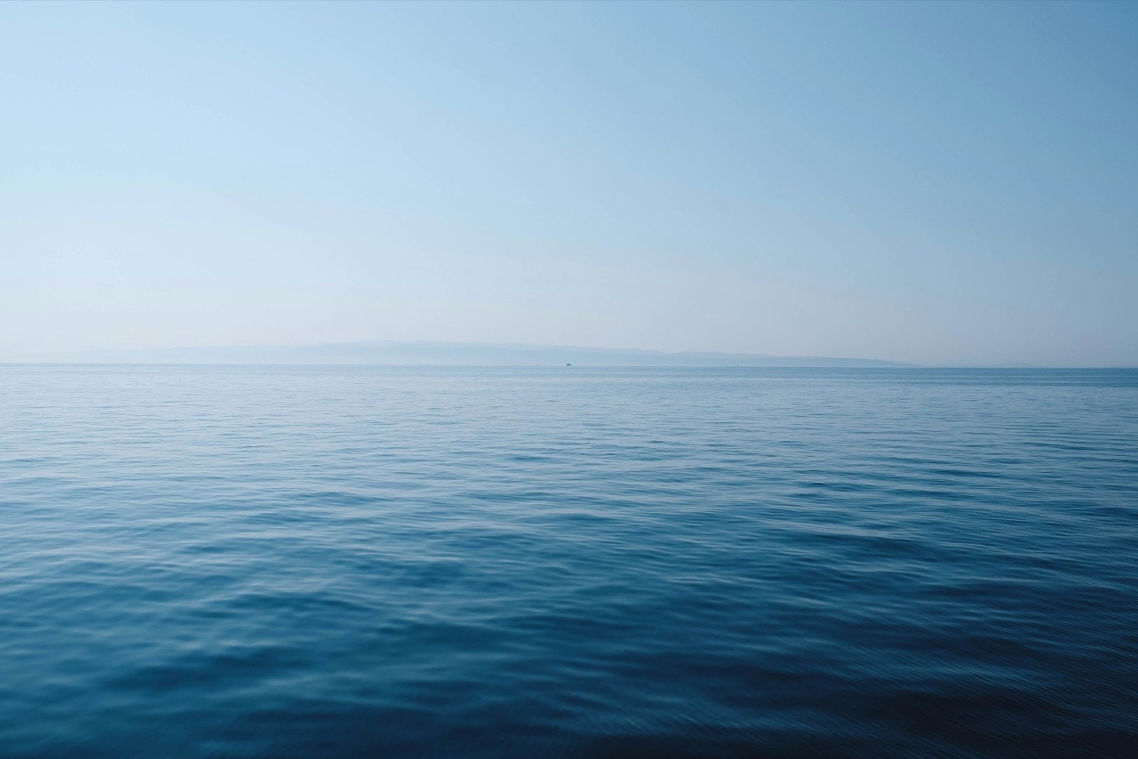 Calm open ocean under a pale blue sky, the horizon almost level with the water.