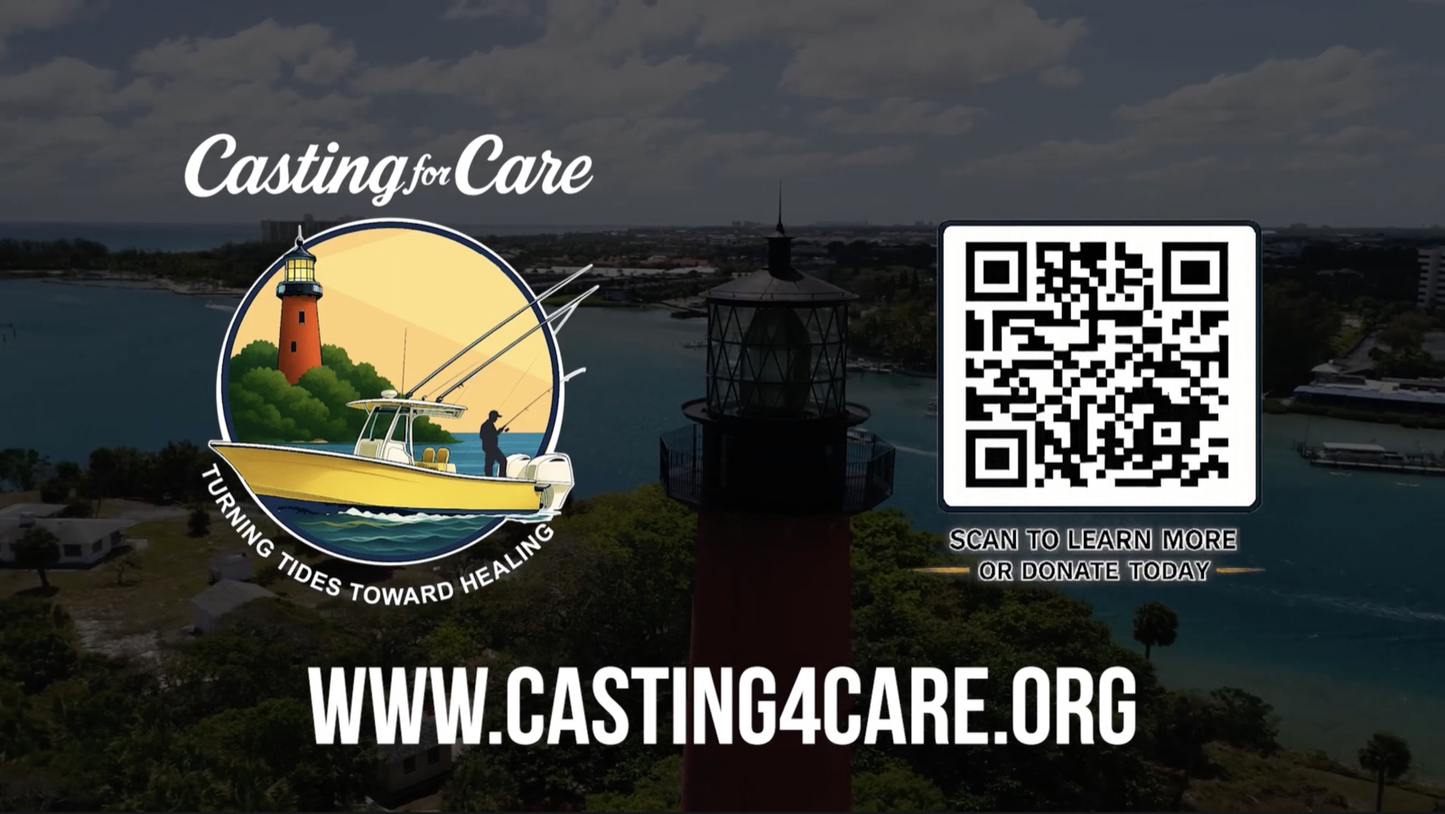 The film's closing card: the Casting for Care lockup and web address over an aerial view of the Jupiter Inlet lighthouse and its waterway.